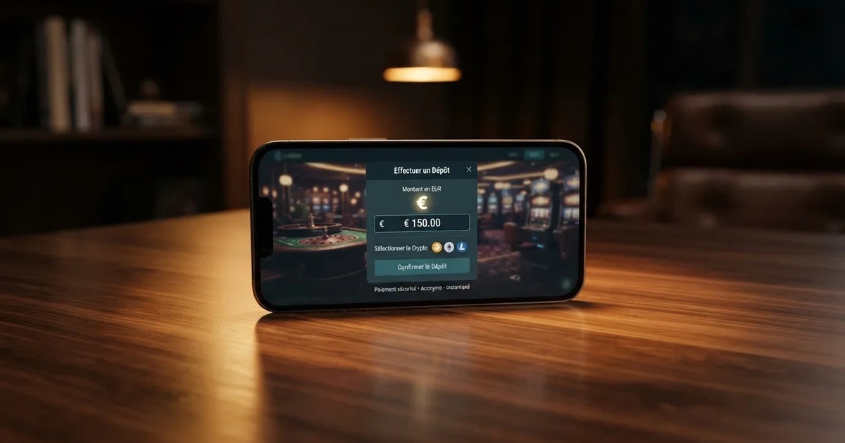 Écran de casino en ligne crypto affichant un dépôt en bitcoin sans introduire de coordonnées bancaires