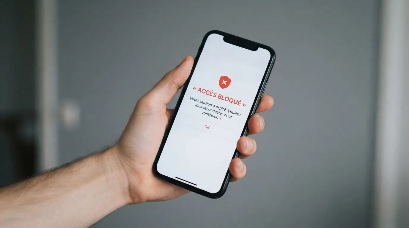 Main tenant un smartphone affichant un message d'avertissement d'accès bloqué