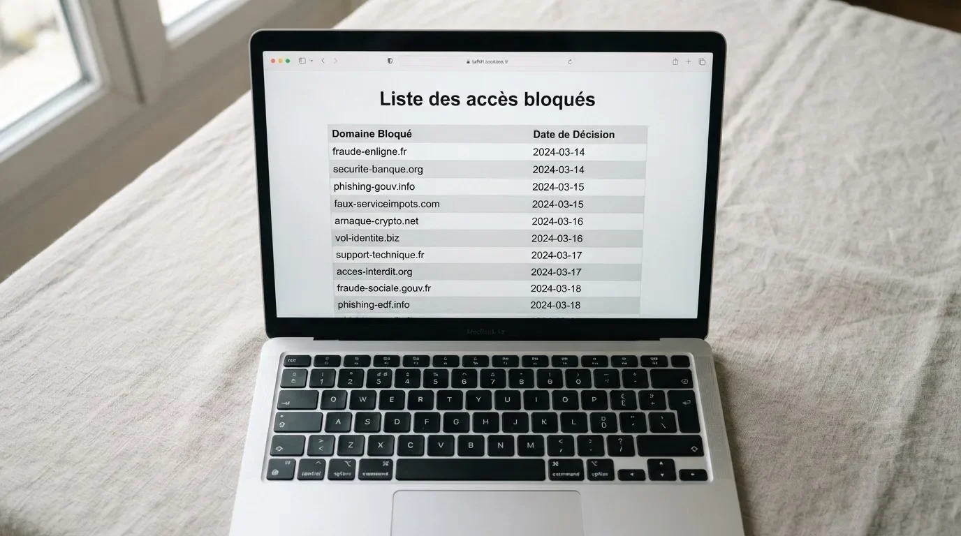 A browser window displaying a long CSV-style list of blocked website domains with decision dates in a column, no brand logos