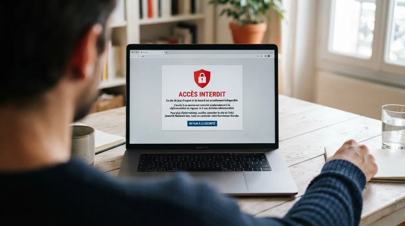 Page d'un navigateur affichant un message d'accès bloqué à un site de jeu, symbolisant le blocage administratif