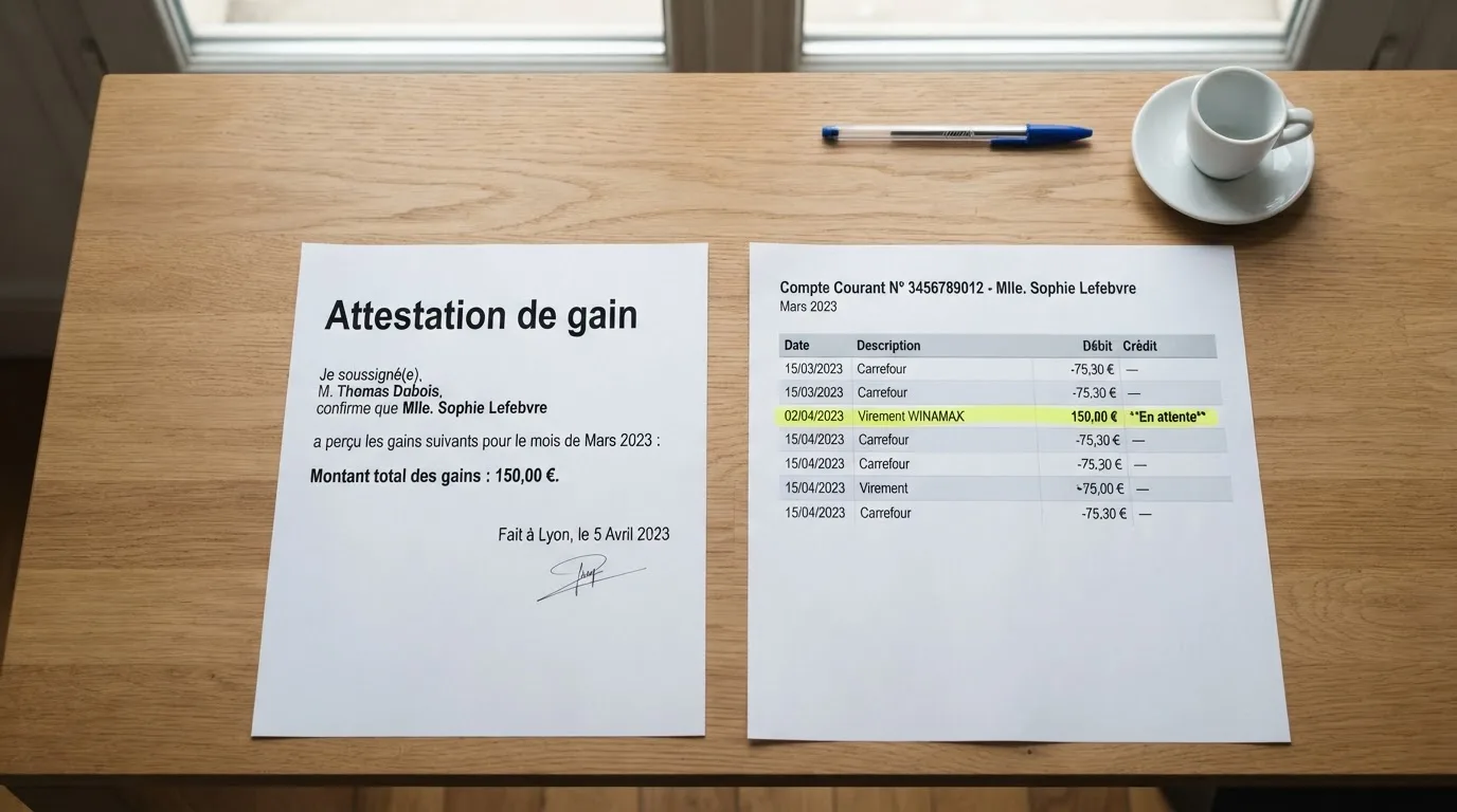 Document d'attestation de gain posé à côté d'un relevé bancaire sur un bureau