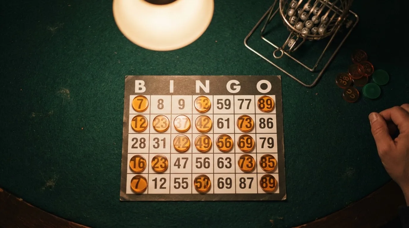 Grille de bingo avec un carton 3 lignes sur 9 colonnes et des jetons numérotés posés dessus