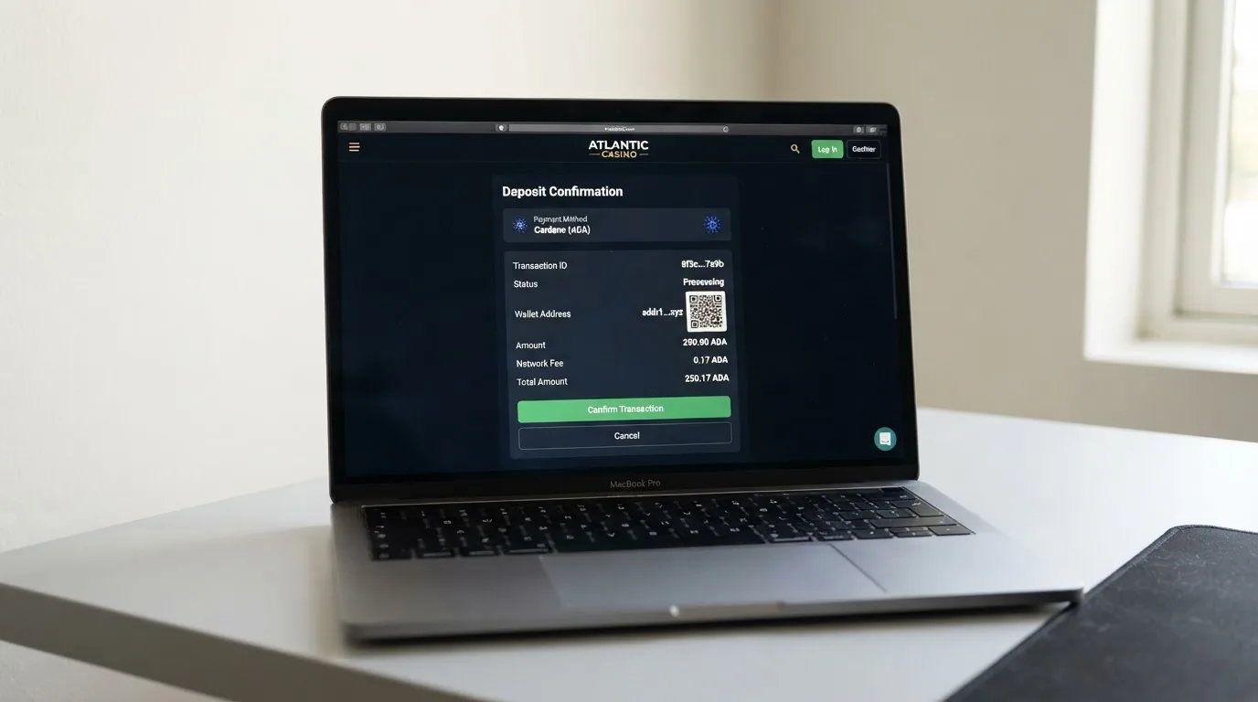 Confirmation d'une transaction Cardano affichée sur l'interface d'un casino en ligne, avec le montant des frais de réseau détaillé