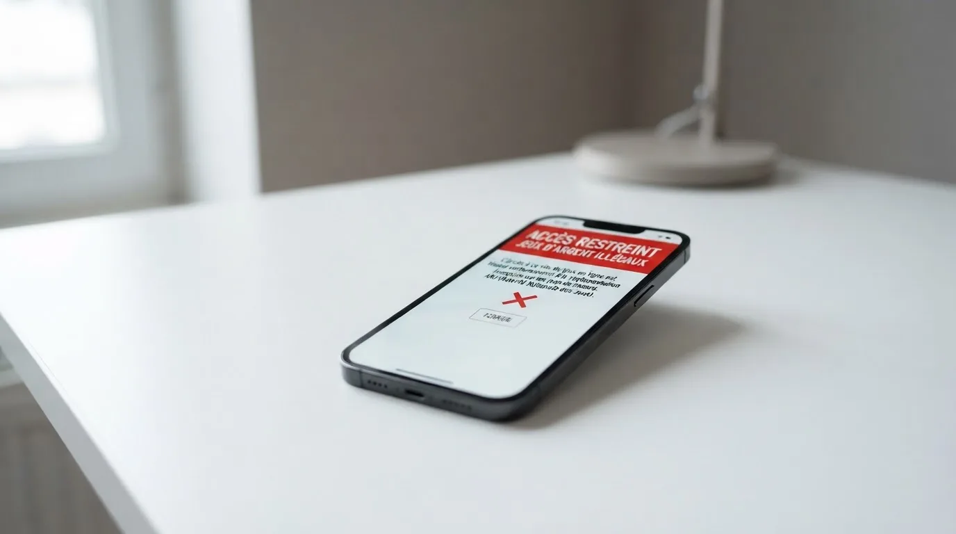 Écran de smartphone affichant un avertissement officiel sur les jeux d'argent illégaux en ligne en France