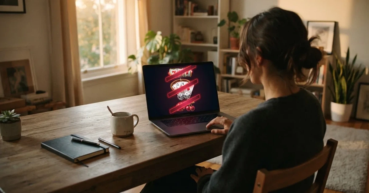 a French player looking at a screen listing several offshore casino brand logos crossed out with a « blocked » ribbon