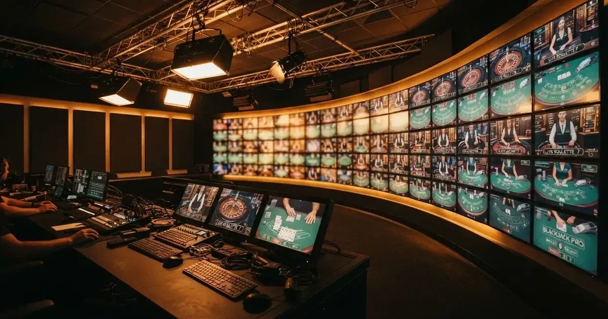 a games-technology supplier's logo wall shown behind a row of casino monitors in a broadcast studio, no brand names visible