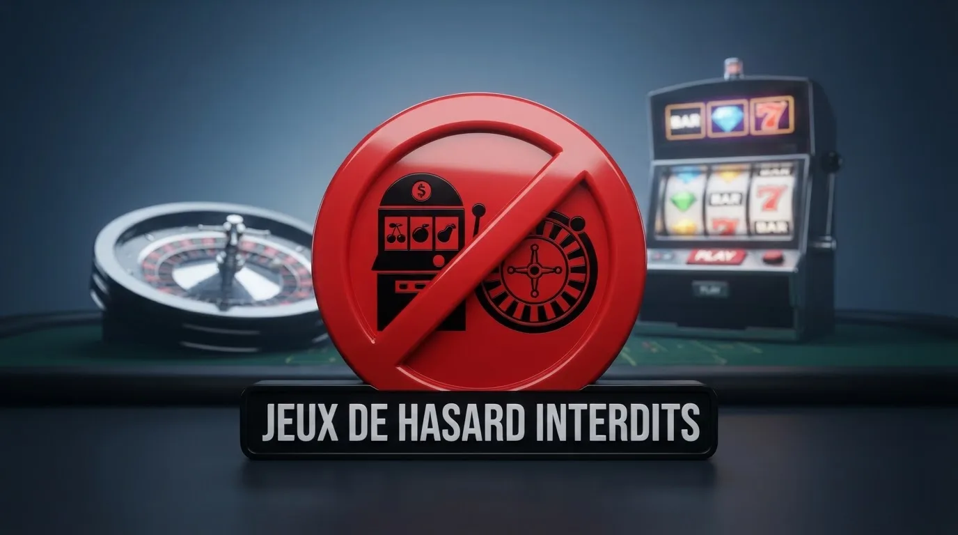 pictogramme d'interdiction superposé à une roulette et des machines à sous, illustrant l'interdiction du casino en ligne en France