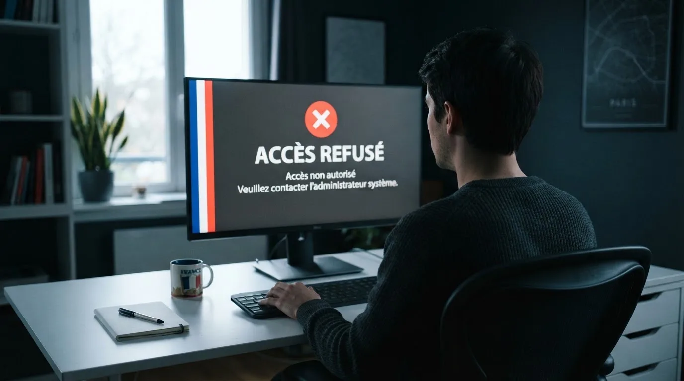 Un écran d'ordinateur affiche un message d'accès bloqué à un site de jeux d'argent non autorisé, sur fond de drapeau français stylisé.