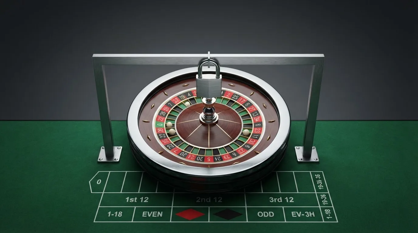 Le logo de l'Autorité nationale des jeux (ANJ) associé à un symbole d'interdiction sur fond de roulette de casino.