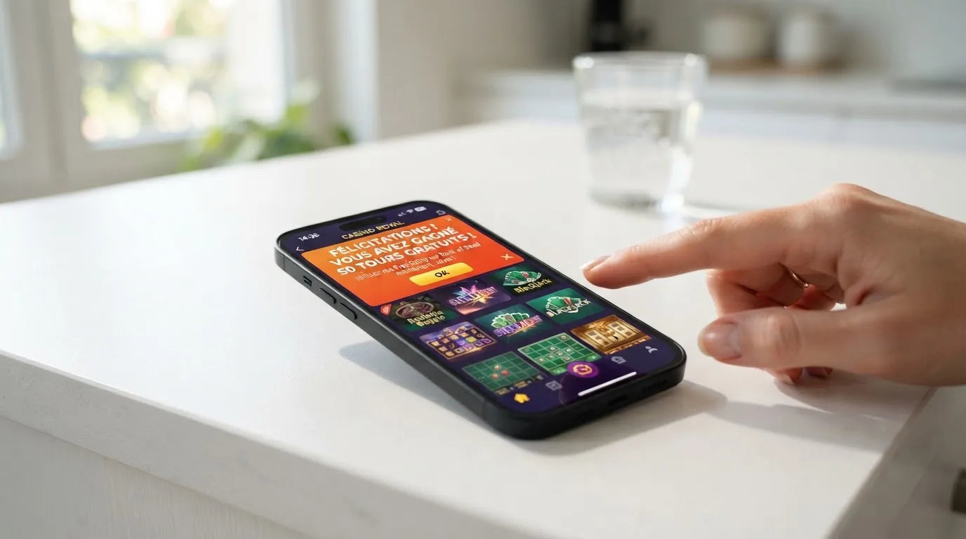 Écran de smartphone affichant l'interface mobile d'un casino en ligne avec une notification de tours gratuits
