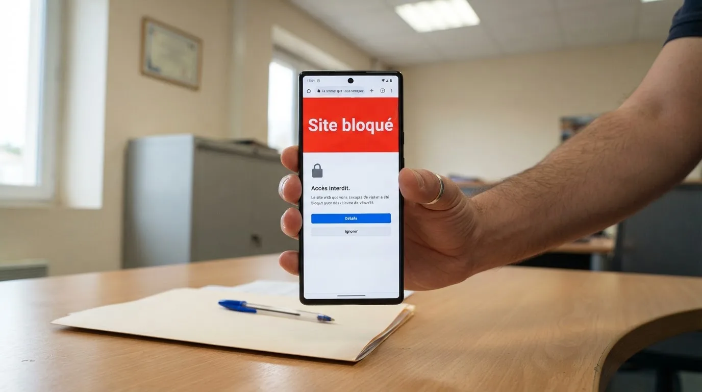 Main tenant un smartphone affichant un écran de blocage de site avec un message d'avertissement rouge, dans un décor évoquant un bureau administratif français.