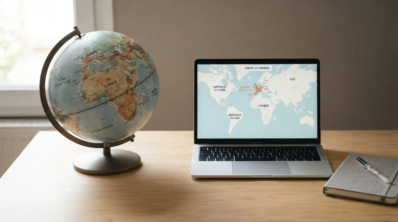 Un globe terrestre posé à côté d'un ordinateur portable affichant une carte du monde.