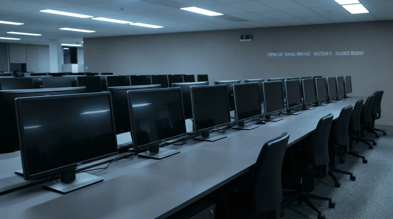 Une rangée d'écrans d'ordinateur éteints dans un bureau vide.