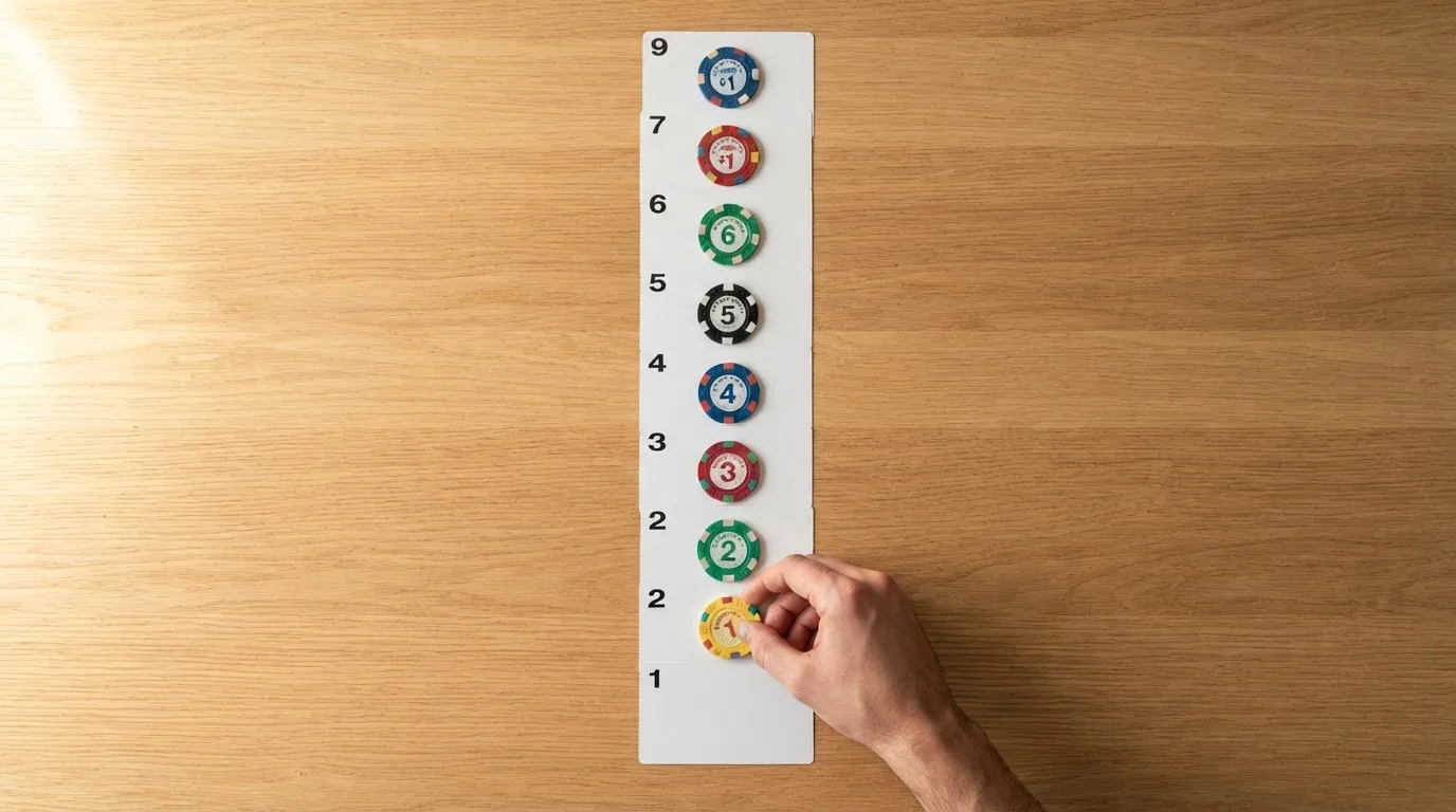 overhead flat-lay of a hand ranking printed casino logos on numbered cards on a desk