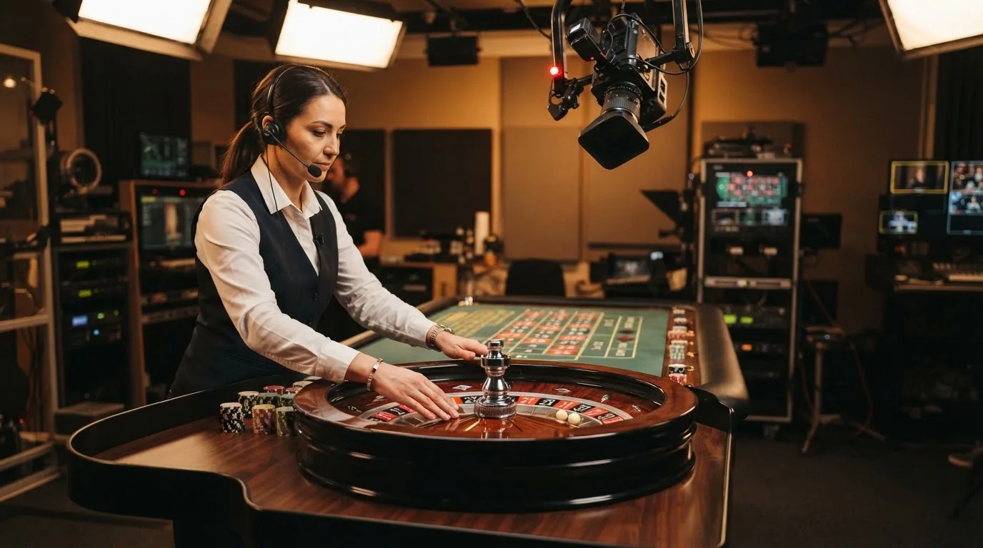 a live dealer standing at a roulette wheel under studio lighting, streaming camera visible above the table