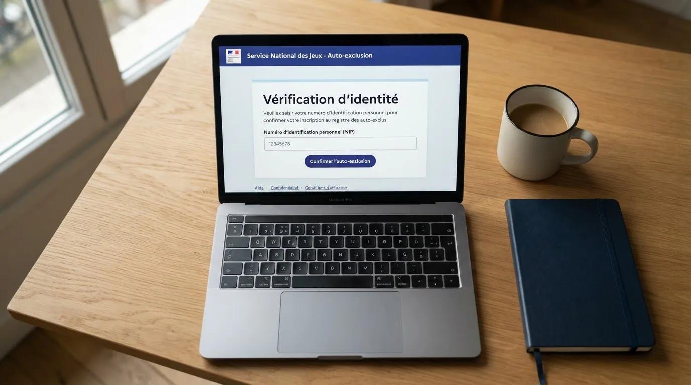 a laptop screen showing a government self-exclusion registration form with an identity-check step, no logos visible