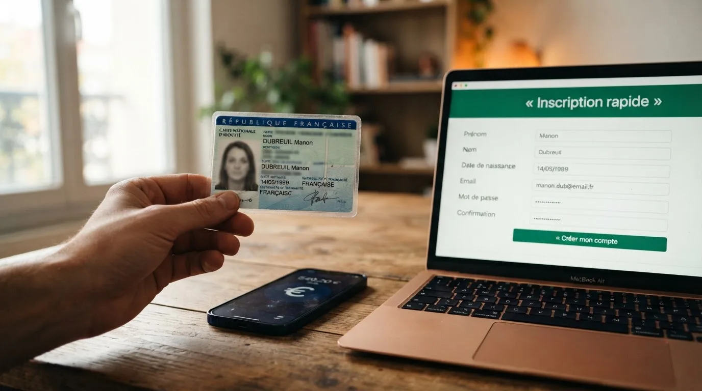 Close-up of a hand holding an identity document next to a laptop showing an online registration form