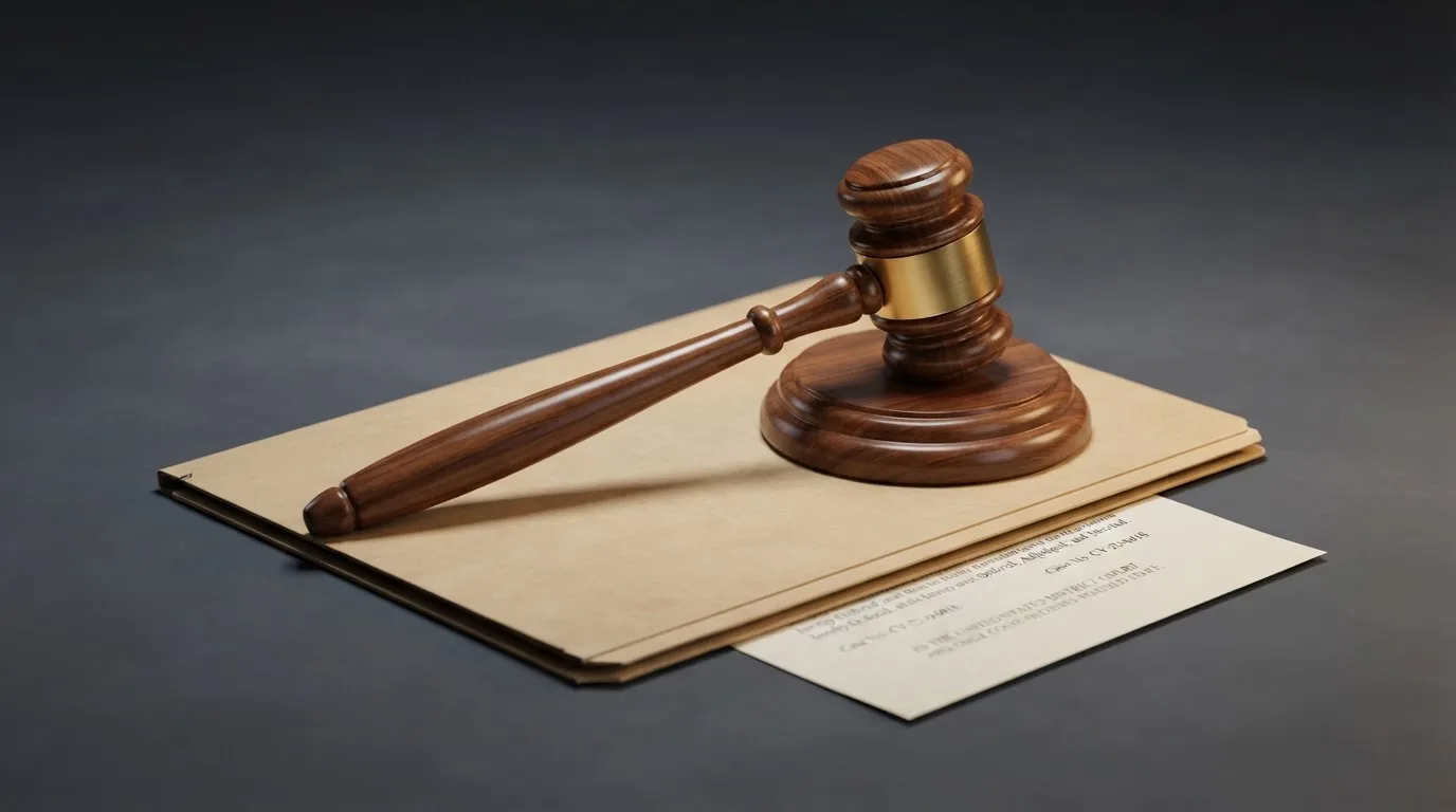 A gavel resting on a folder marked with a legal document, symbolizing regulatory enforcement