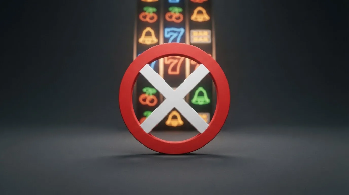 a red official-style stop/prohibition icon overlaid on a blurred casino slot-reel background