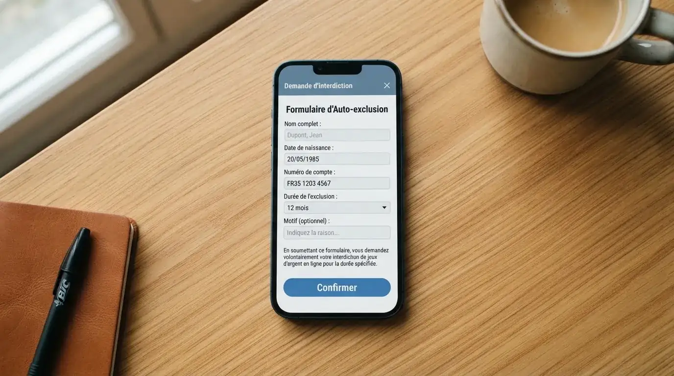 Formulaire de demande d'interdiction volontaire de jeux ouvert sur un smartphone