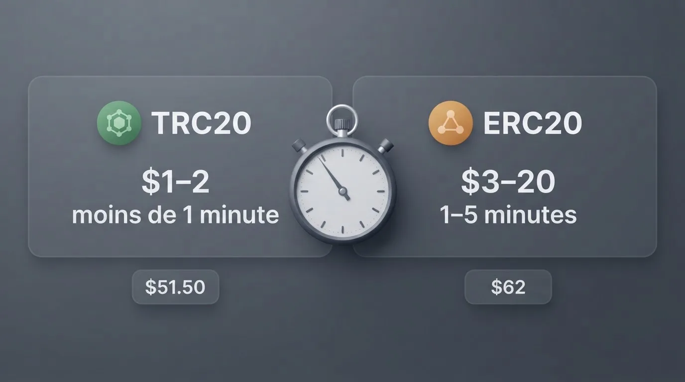 a split-screen graphic comparing a slow bank-transfer icon against a fast blockchain-transfer icon with a stopwatch