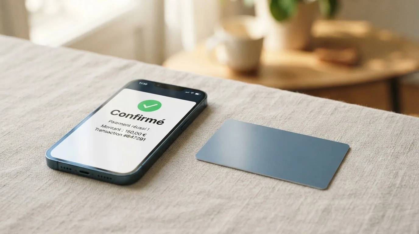 Close-up of a bank card and a smartphone displaying a payment confirmation screen