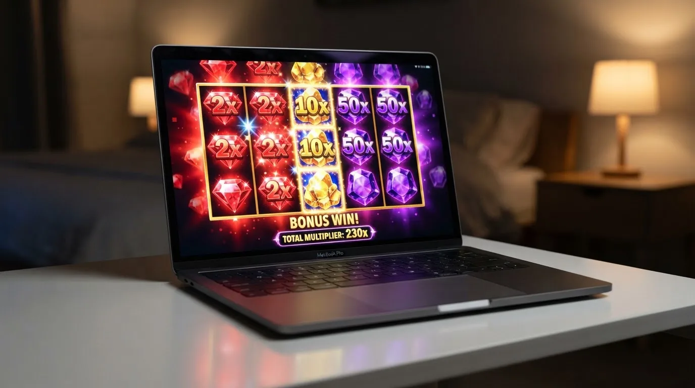 Gros plan sur des symboles multiplicateurs colorés qui s'accumulent lors d'un tour bonus de machine à sous