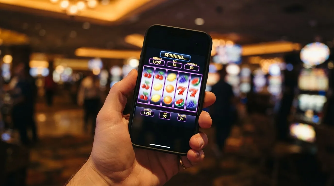 rouleaux d'une machine à sous en gros plan sur un écran de smartphone