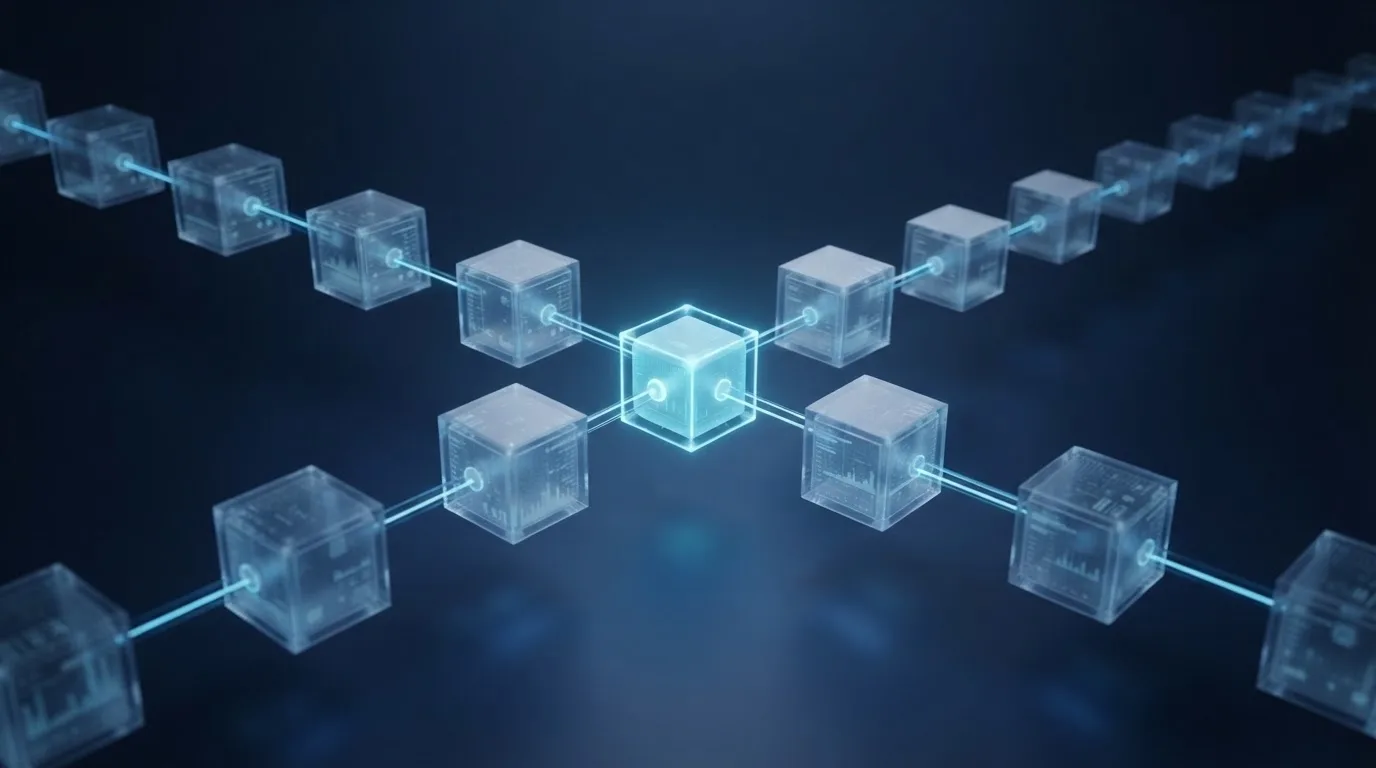 Représentation abstraite de blocs de données connectés sur fond sombre.