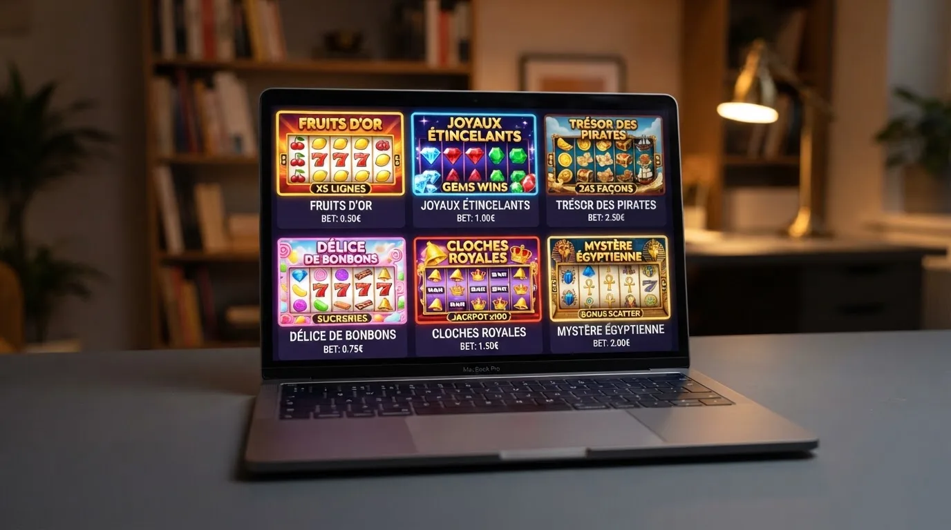 Rangée de machines à sous virtuelles affichées sur un écran, sans marque visible.