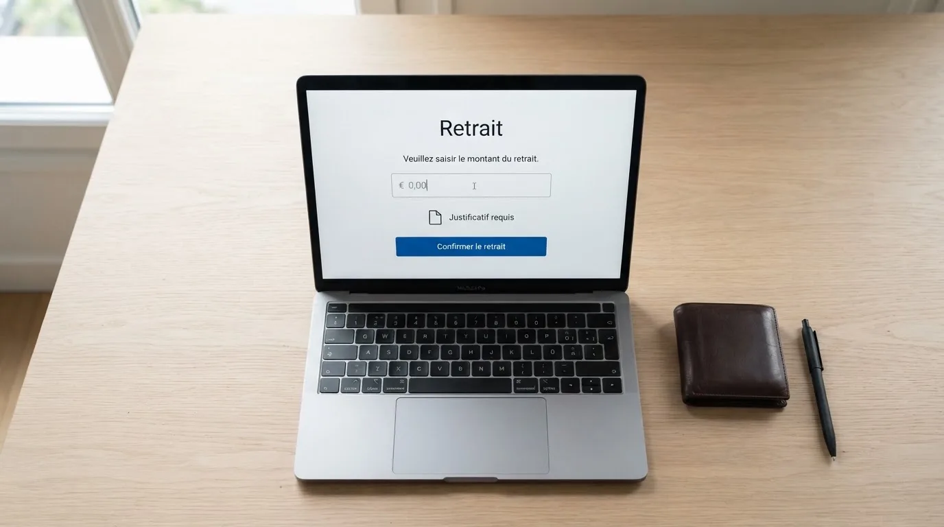 Formulaire de retrait en ligne affichant une demande de justificatif avant validation du paiement